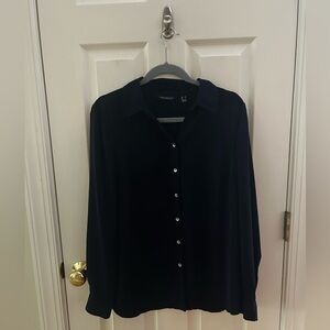 Susan Graver Navy Button-Up Soft Silky Blouse
